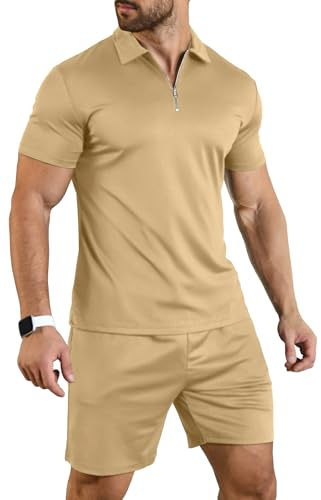 KUYIGO Ensemble polo et short d'été pour homme, ensemble 2 pièces, vêtements de survêtement, vêtements de détente décontractés, ensembles de vêtements de détente, r-10 kaki, L