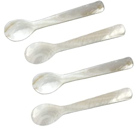 SunaOmni Perlmuttlöffel, klassischer Kaviarlöffel, Eierlöffel, Perlmutt, 12 cm, 4 Stück, Kaffeelöffel, Perlenlöffel, Dessertlöffel