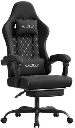 WOLTU Gaming Stuhl,Massagefunktion,Feder-Sitzkissen,Schwarz+Weiß | Ergonomisch,Lendenmassage,Kopfkissen,Fußstütze, Drehstuhl,150 kg,Netzstoff