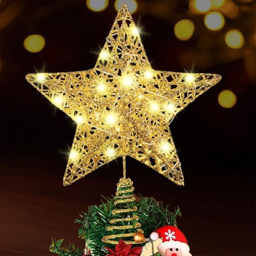 Adorno para árbol de Navidad, estrella para árbol de Navidad, estrella con punta para árbol de Navidad, estrella LED para árbol de Navidad, decoración del hogar, decoración de fiesta (dorado)