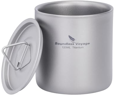 iBasingo Ti3240D Tasses à double paroi en titane avec couvercle ultra léger empilable en métal durable et portable pour camping, voyage, usage quotidien 120 ml