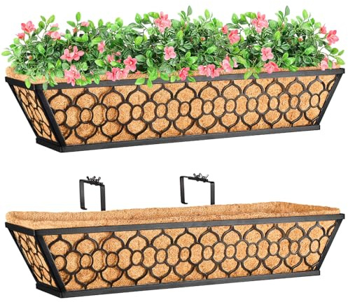 Riare 2 Pack 24 Inch Window Deck Railing Flower Box Outdoor with Coco Liners- Hanging Window Railing Planter Boxes, Horse Trough Baskets Planters for Outdoor Balcony, Porch, Over Railing, Fence