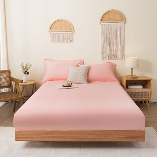 Homxi Drap Housse Simple et 2 Taies d'oreiller,120 x 200 CM,Literie Coton Couleur Unie Housse de Matelas Lit Une Place Rose
