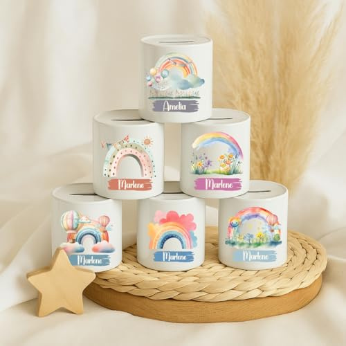 wolga-kreativ Personalisierte Spardose mit Namen – Regenbogen & Boho Motiv – Heißluftballons, Blumen & Wolken – Kinder Spardose Keramik – Geschenk zur Taufe & Geburt – Sparschwein Kinder
