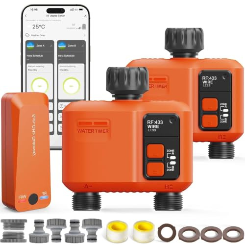 Lot de 2 Programmateur d'arrosage WiFi 2 Voies avec Passerelle RF 300 m | Pénétration de mur épais, Retard Pluie Minuteur Arrosage avec Contrôle Alexa, Minuterie D'irrigation et Arrosage à Distance