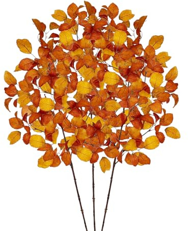 3 Bündel 97cm Kunstblumen Herbst Herbstdeko, Herbstblumen Künstlich Herbstlaub Pflanzen Fagus Sylvatica, Kunstzweige Faux Stämme Lange Stiele für Herbst Dekoration Gartendekoration Tischdeko (Gelb)