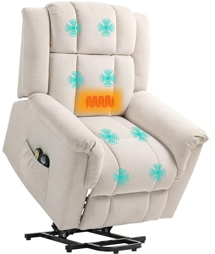 HOMCOM Fernsehsessel mit Aufstehhilfe Elektrisch Relaxsessel mit Liegefunktion, Wärmefunktion, Massagefunktion Massagesessel mit Breite Rückenlehne Fernbedienung Fußteil Chenille-Optik Beige