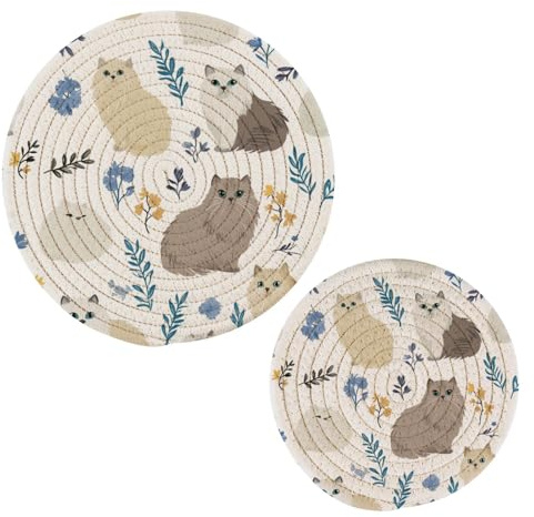 Chic Himalayancats - Set di 2 presine rotonde bianche in cotone resistente al calore, per pentole calde per cucinare