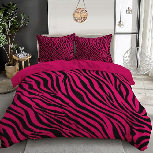 JSCWDET Bettwäsche 135×200Cm, 2Teilig Bettwäsche Set, Leuchtendes Pink Bettbezug Mit Zebramuster,Mikrofaser Mit Reißverschluss, Kissenbezüge 80X80 cm