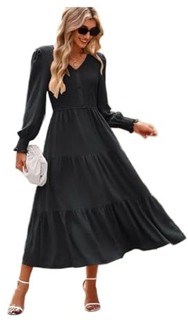 Kate Kasin Women's Maxi Jumper Dress Long Sleeve Wedding Guest Dress V Neck Knitted Dresses with Pockets A-Line Casual Work Elegant Black XXL