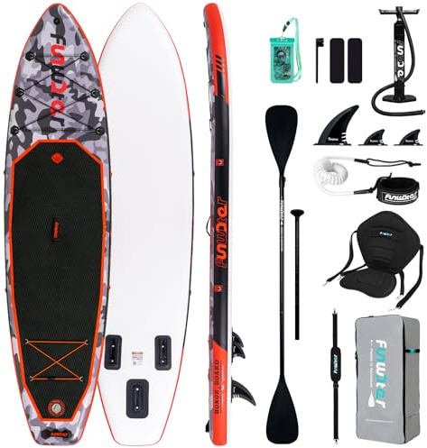 FunWater 330 cm Stand Up Paddling Board gonfiabile – Set completo con pagaia, zaino, custodia per cellulare, 3 pinne, pompa, sedile e tracolla – tavola SUP per principianti ed esperti