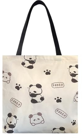 DLPRK Borsa Tela Donna Tote Bag Canvas Aesthetic con Cerniera e Tasche, Borsa Shopper Riutilizzabile in Cotone (Panda)