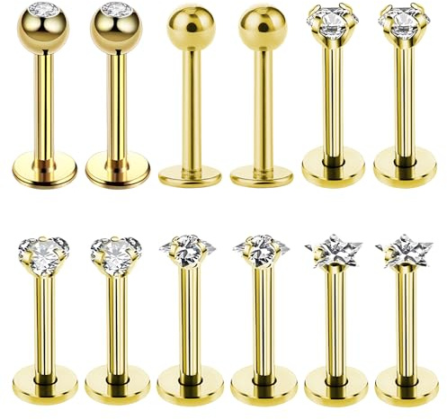 12PCS 8-12mm Black Nose Ring, Tragus Piercing Jewellery Gold, Flat Back Nose Stud, Gold Nose Stud, Stainless Steel Lip Piercing Jewellery for Daily Wear and Parties