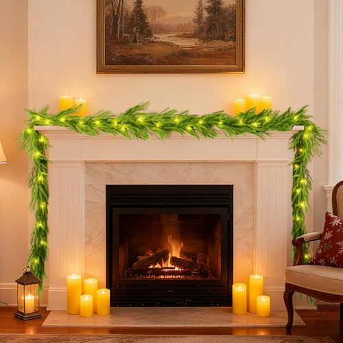 9FT/2.7M Christmas Garland Decoration with 50 Warm White LED Lights, PE Artificial Pine Green Garland for Fireplace Mantle Stairs Front