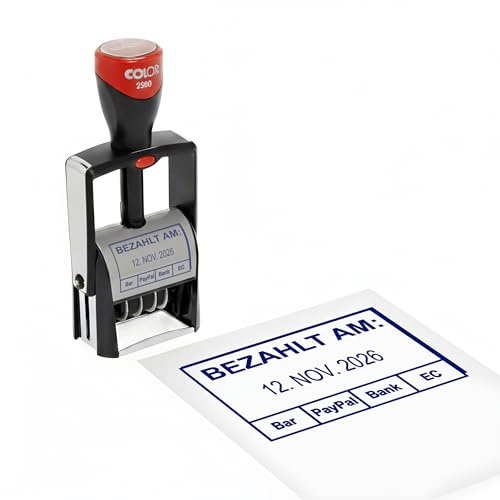 Dekolando Datumsstempel Stempel BEZAHLT AM – Colop 2360 selbstfärbender Kontierungsstempel mit Datum 44x29 mm, verstellbar Datumstempel für Büro & Verwaltung, Firmenstempel