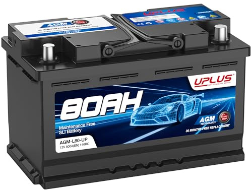 UPLUS 12V 80Ah 800A(EN) AGM Start-Stop Autobatterie AGM-L80-UP | Links: - Rechts: +, wartungsfrei, für Start-Stopp-Fahrzeuge. 315L×175B×190H(mm), vor Kauf Maße prüfen