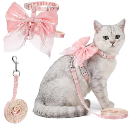 Katzenleine mit Geschirr für Katzen Katzengeschirr mit Leine Ausbruchsicher Rosa Katzen Geschirr & Katzenleine für Kitten Verstellbare Geschirre Katzenleinee Schleifen