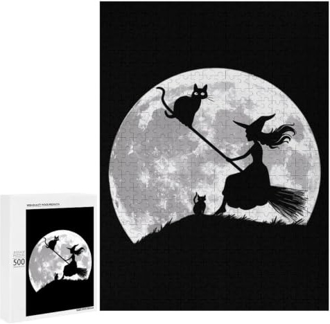 Flying Witch On Broomstick Full Moon Wooden Puzzles for Adults Unique Jigsaw Puzzle Wall Decor