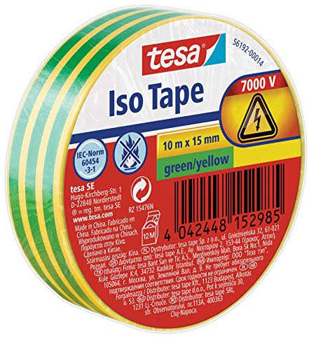 Tesa Isoler Ruban Adhésif pour l'Isolation, le Cerclage et la Fixation de Câbles Électriques jusqu'à 6000 v – Câbles Audio, Vidéo et Alimentation – Ignifuge – 10 m x 15 mm – vert/jaune