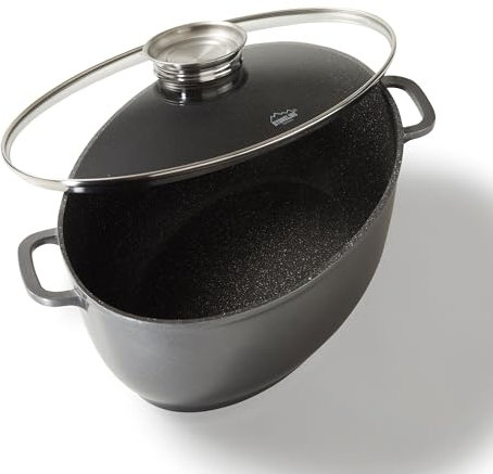 STONELINE Gourmet Bräter mit Deckel Induktion Oval 39x26 cm, 8,5 L, Aluguss Topf beschichtet mit echten Steinpartikeln mit Aromadeckel Bratentopf Schmortopf mit Deckel Backofengeeignet, alle Herdarten