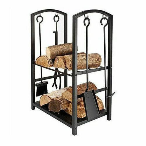 Firewood Log Rack with 4 Pcs Fireplace Tools, Fireside Tools Storage Logs Holder with Poker, Tong, Brush and Shovel, Indoor Outdoor Wood Storage Stacking Stand