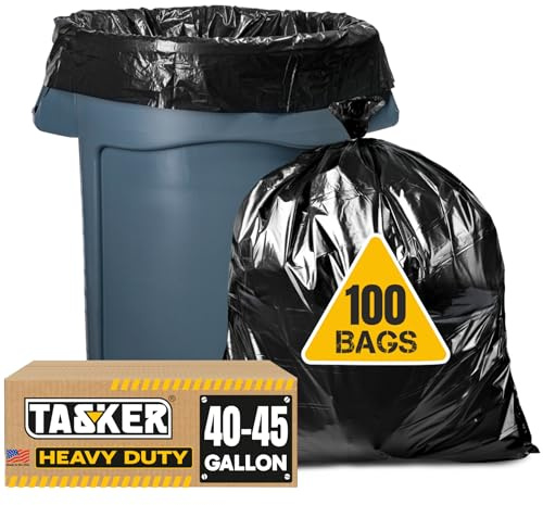 Tasker 45 Gallon Trash Bags, (Value-Pack 100 Bags w/Ties) Extra Large Black Garbage Bags - 39 Gallon - 40 Gallon - 42 Gallon - 44 Gallon - 45 Gallon Large Trash Bag Can Liners Capacity