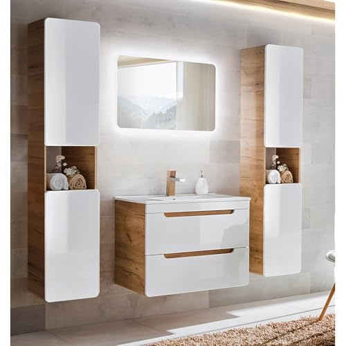 Lomadox Badmöbel Set Hochglanz weiß, Wotan Eiche Nb. LUTON-56 mit Keramik-Waschtisch & LED-Spiegel, B/H/T ca. 130/200/46 cm