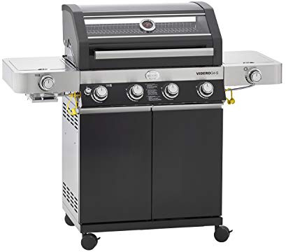 RÖSLE VIDERO G4-S Vario+ - Barbacoa de gas, color negro, 30 mbar, con 4 quemadores de acero inoxidable, zona de preparación adicional, paneles laterales plegables, acero con recubrimiento de polvo