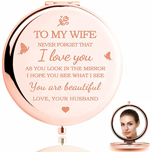 HZJ-AIGO Gifts for Wife-I Love You Wife Gift Compact Mirror-Romantic Gift for Her Birthday,Wedding Anniversary,Valentines Day,Christmas (Rose Gold)