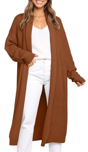 LILLUSORY Lange Strickjacke für Damen, Übergröße, vorne offen, Wintermantel, Braun, Groß
