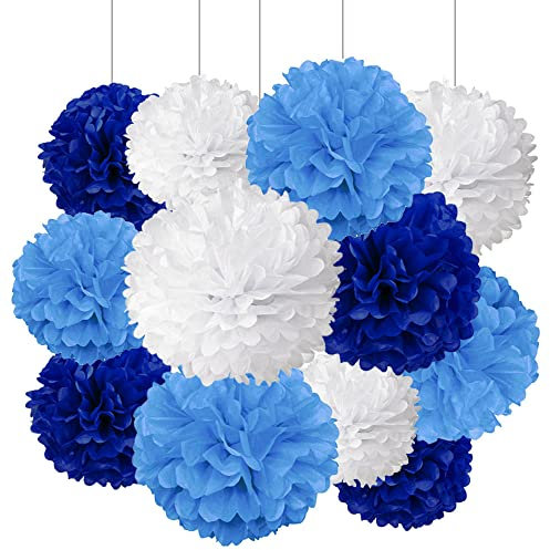 ZooYoo 12 Stück blaue und weiße hängende Pompons aus Seidenpapier für partydeko,decke,wand,seidenblumen– 2 Farben à 30,5 cm, 25,4 cm