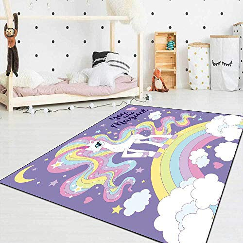 Tappeti Design Kinderteppiche für Spiel Cartoon-Einhorn-Regenbogen Lila,|Pädagogische Sensorik|-100x120cm