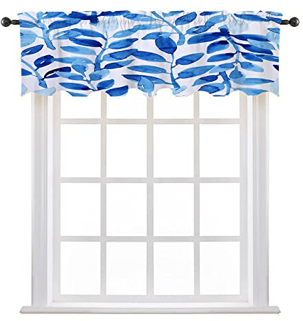LIGUTARS Valances for Kitchen, Watercolor Leaves Abstract Half Window Curtain, Template for Textile, 60 W x 18 L, Kitchen Windows Bathroom Bedroom, Blue