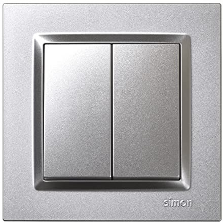 SIMON - Interruptor Conmutador Doble, Serie Simon 10, 230V, Interruptor de Pared Interior, Fácil de Instalar, Incluye Marco, Tapa y Mecanismo, Color Aluminio