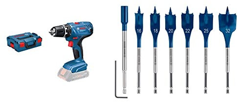 Bosch Professional 18V System Akku-Schlagbohrschrauber GSR 18V-21 (ohne Akkus, in L-BOXX 136) + 7x Expert SelfCut Speed Flachfräsbohrer Set (für Weichholz, Grobspanplatte, Ø 16-32 mm, Zubehör)