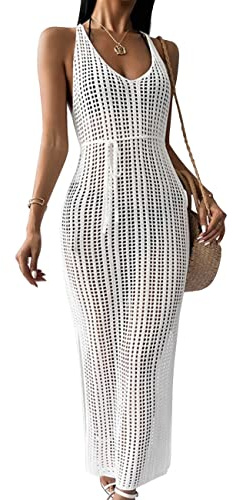 KOEMCY Vestido de Playa Mujer Crochet Hollow out Cover Ups sin Mangas Side Split Long Playa Vestidos Ropa de Baño Cover Up (Blanco)