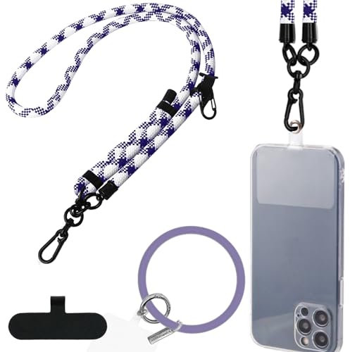 Chngna Cell Phone Lanyard,10mm Crossbody PhoneLanyard,Adjustable Phone Lanyard Nylon Phone Wrist Strap with 2 Phone Spacer, Purple White