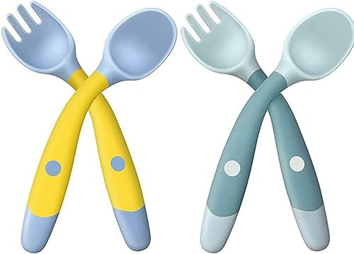 ZKSXOA Baby Cutlery Set, 2 Sets of 2 Pcs (Blue and Yellow), Silicone, 360° Bendable Weaning Spoons and Forks, Self-Feeding for Infant Toddler Children