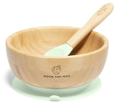 Moon and Moo Bambus-Saugnapf und Löffel-Set für Kinder, Kleinkinder und Baby-Entwöhnung – ungiftig – plastikfrei – bleibt an Ort und Stelle – Baby-Saugnapf – Baby-Entwöhnungsset
