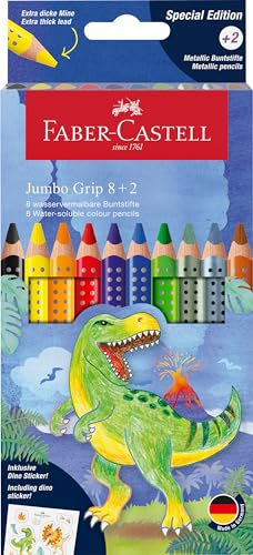 Faber-Castell 110922 - Buntstifte Set Jumbo Dino, 10-teilig, bruchsicher, inkl. 2 Metallic Stifte und Dino Sticker