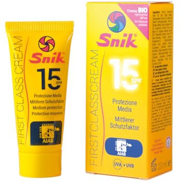 Snik FIRST CLASS CREAM | Crema Solare Viso Professionale Montagna, Sci, Sport Estremi | Esposizione Prolungata al Sole | BIOLOGICA con CAROTENE | SPF 15 Protezione Media UVA+UVB | Tubetto 20 ml.
