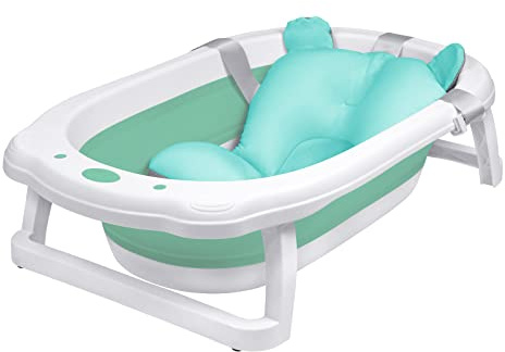 LILIIN Vikbart Babybadkar med Dräneringshål och Halkfria Fötter, Inkluderar Badmatta, För Barn 0–8 År, Grön