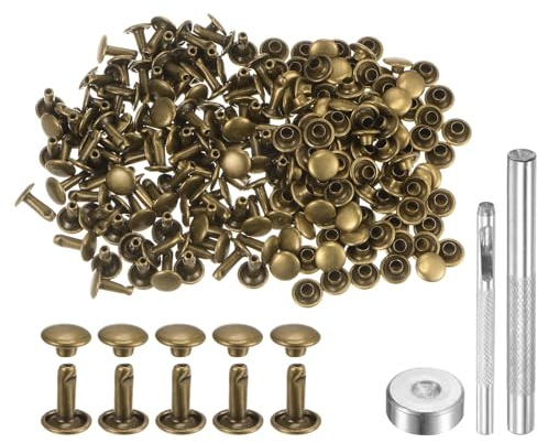 QUARKZMAN 100 Stück 10 x 8mm Leder Nieten, Runde Doppelkappe Tubular Metall Hohlnieten mit Werkzeugen, Zubehör Rücknieten für Lochzange Gürtel Dekoration Kleidung DIY Handwerk (Bronze)