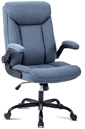 MZLEE Fabric Office Chair for Home Office, Ergonomic Heavy Duty Desk Chair with Flip-up Arms & Lumbar Support, Comfortable Padded Swivel Computer Chair for Bedroom Study, 150KG Capacity, Navy Blue