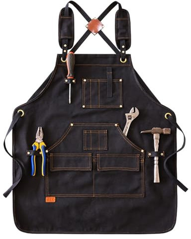 Straps Heavy duty Pockets Werkzeugschürzen, Tischlerschürze – strapazierfähige Arbeitsschürze aus Segeltuch mit Taschen, Kreuzgurten, verstellbare Werkzeugschürze for Garten- und Tischlerarbeiten(Blac