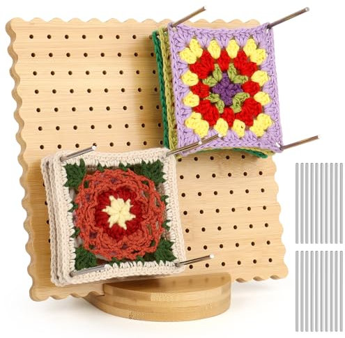 Reessy Crochet Blocking Board and Pins, 7.8 inch Blocking Board for Crochet, Cookie Pattern Granny Square Blocking Board Small, Wooden Crochet Blocking Board for Granny Squares, Lace