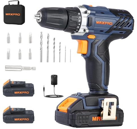 MAXPRO Trapano avvitatore senza fili, avvitatore a batteria 18 V con 2 batterie 1,5 Ah, 2 velocità (0-350/1350 giri/min), 18+1 impostazioni di coppia, caricatore 1,5 A, con luce LED