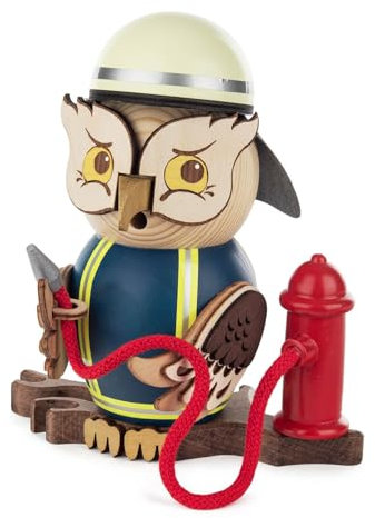 Rudolphs Schatzkiste Räucherfigur Eule Feuerwehrmann mit Schlauch Höhe 19cm NEU Feuerwehrler Floriansjünger Uhu Kuckuck Räuchermann Rauchmann Rauchfigur