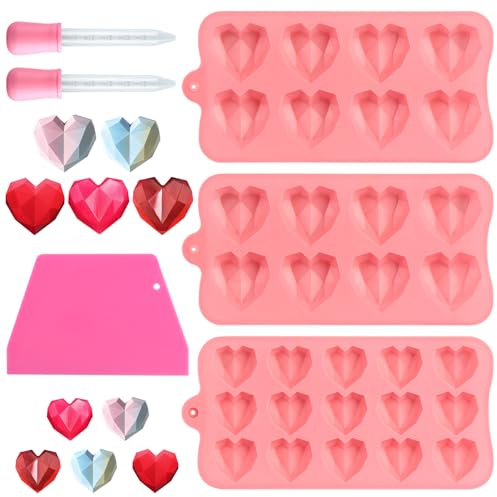 GHVACZS 3 Stück Diamant Silikonform Herz, 8-Kavität und 15-Kavität Herz Silikonform, Silikonform Schokolade mit Pipette und Spatel, Herzform Kuchenform zum Backen Käsekuchen, Mousse, Schokolade (Rosa)
