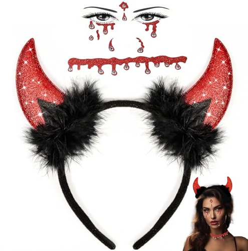 QUANMAITONG Teufelshörner Haarreifen Fasching Damen Karneval Kostüm, Glitzer Tattoo Gesicht Steine Teufelshörner Haarreifen Damen， Rot Teufel Kostüm Halloween